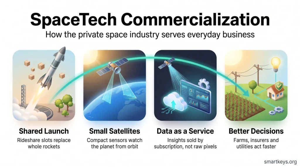 Infographic on SpaceTech commercialization: shared launches and small satellites deliver data as a service that helps businesses make better decisions.