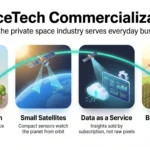 SpaceTech Commercialization in 2026: New Business Opportunities in the Private Space Industry Infographic on SpaceTech commercialization: shared launches and small satellites deliver data as a service that helps businesses make better decisions.