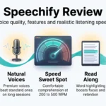 Speechify Review: Voice Quality, Features, and Pricing Speechify review infographic showing how the text-to-speech app turns documents into audio, with natural voices, a 200 to 500 WPM sweet spot and synced apps.