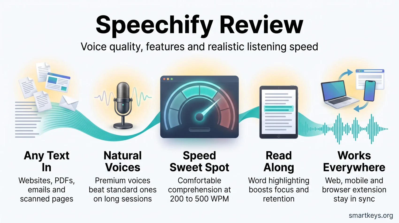 Speechify review infographic showing how the text-to-speech app turns documents into audio, with natural voices, a 200 to 500 WPM sweet spot and synced apps.