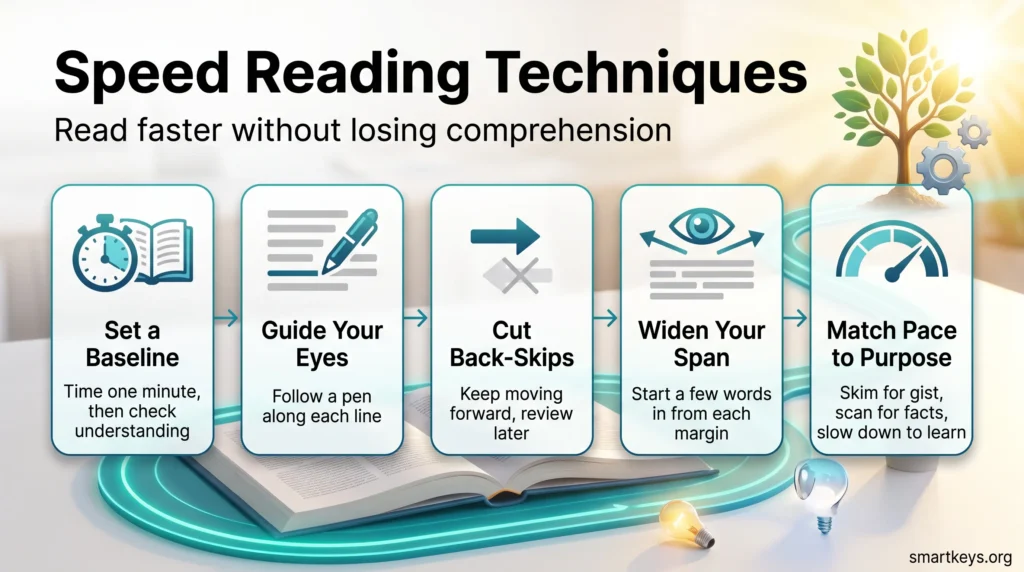 Speed reading techniques infographic: set a baseline, guide your eyes with a pen, cut back-skips, widen your span and match pace to purpose.