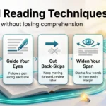 Speed Reading Techniques 2026: Read Faster Without Losing Comprehension Speed reading techniques infographic: set a baseline, guide your eyes with a pen, cut back-skips, widen your span and match pace to purpose.