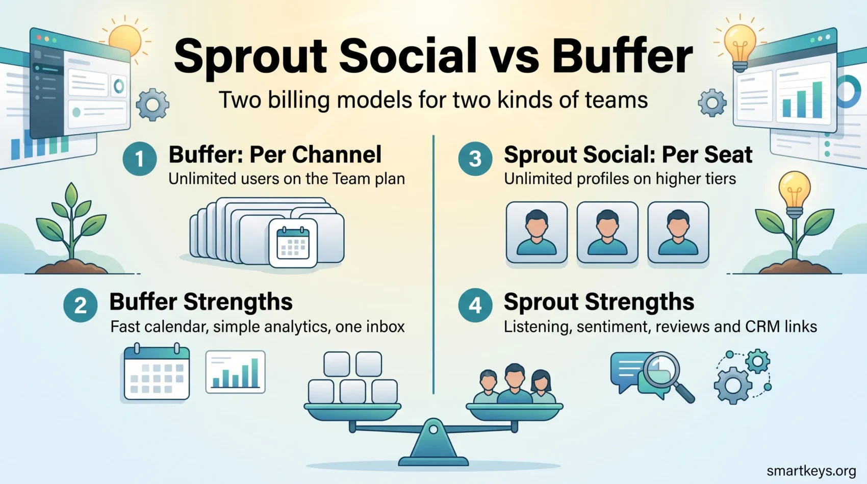 Sprout Social vs Buffer infographic: Buffer bills per channel with unlimited users, Sprout bills per seat and adds listening, reviews and CRM links.
