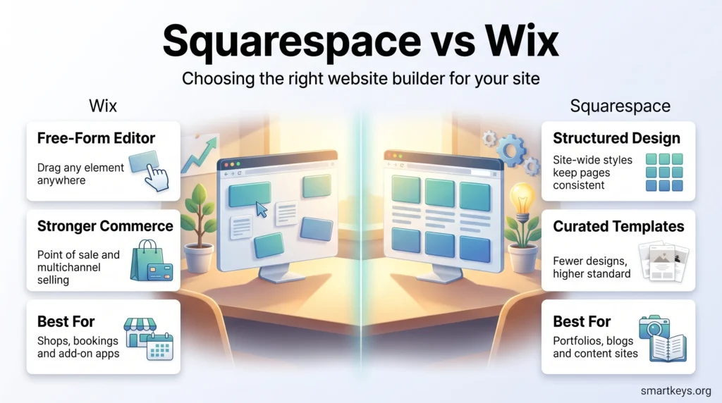 Squarespace vs Wix infographic comparing Wix's free-form editor and stronger commerce with Squarespace's structured design and curated templates.