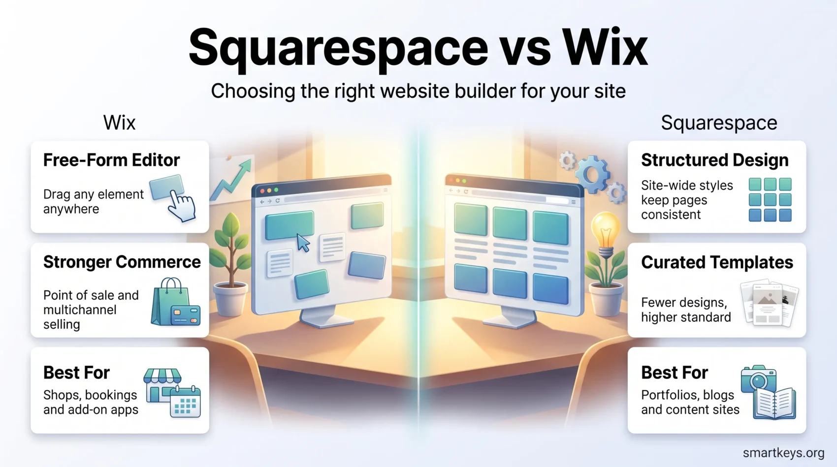 Squarespace vs Wix infographic comparing Wix's free-form editor and stronger commerce with Squarespace's structured design and curated templates.