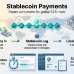 Infographic of stablecoin payments: a bank sends local currency, tokens cross a blockchain in minutes, a second bank pays the supplier, plus key controls.