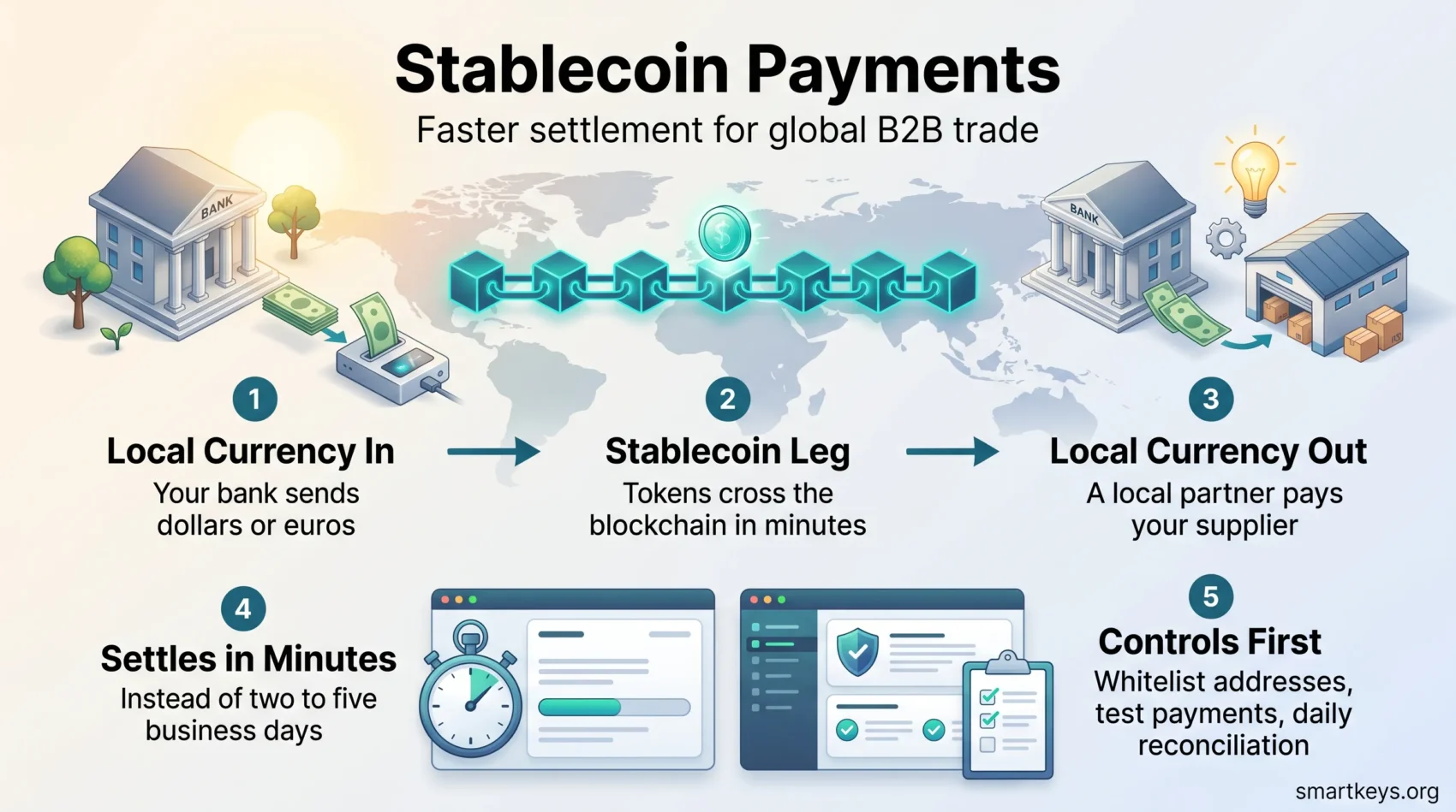 Infographic of stablecoin payments: a bank sends local currency, tokens cross a blockchain in minutes, a second bank pays the supplier, plus key controls.