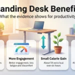 Standing Desk Benefits: What the Evidence Shows for Productivity Standing desk benefits infographic: a sit-stand desk with four cards on less sitting, more engagement, a small calorie gain and alternating postures.