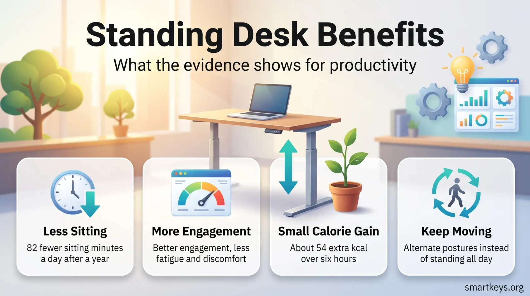 Standing desk benefits infographic: a sit-stand desk with four cards on less sitting, more engagement, a small calorie gain and alternating postures.