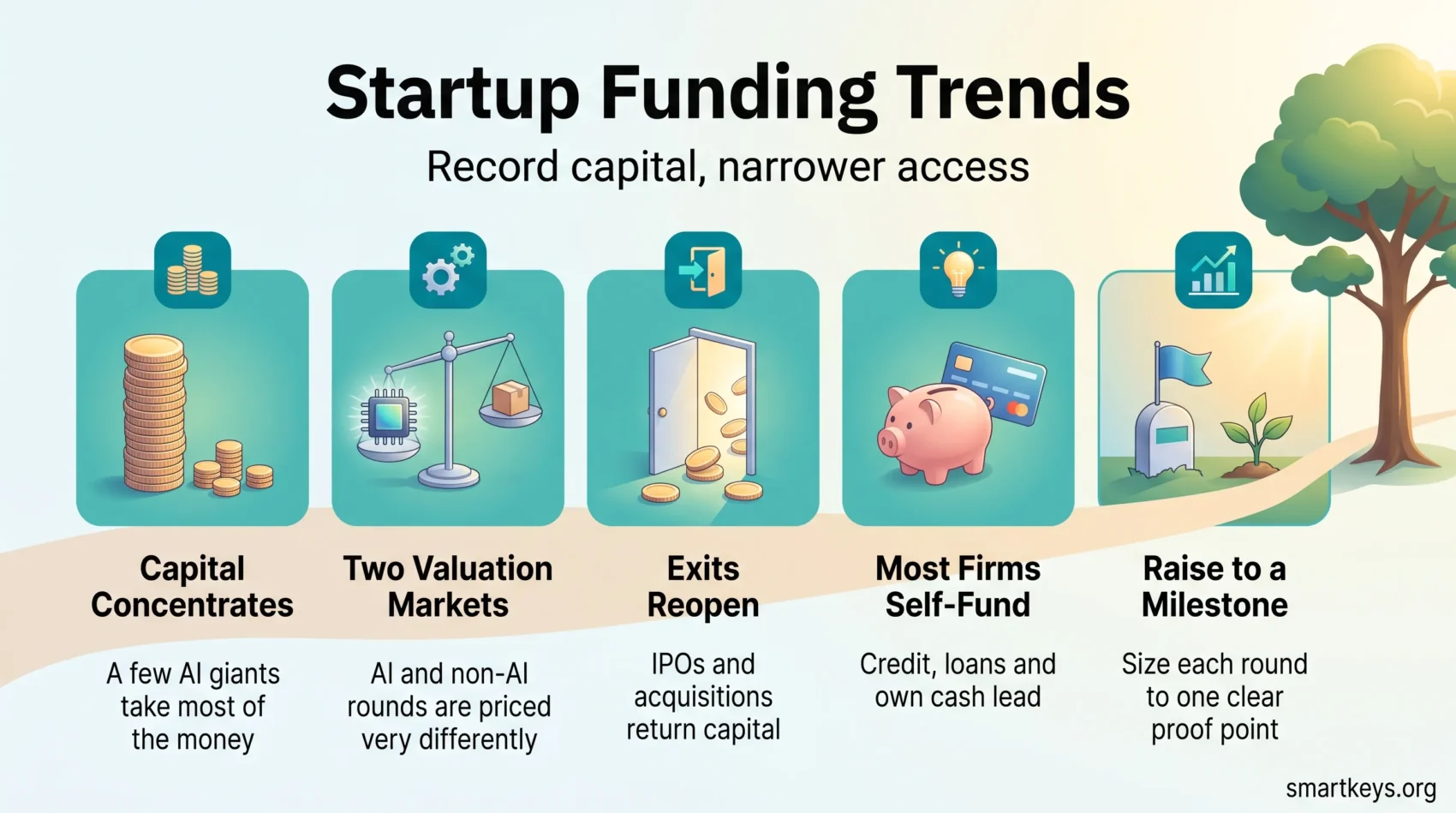 Startup funding trends infographic: capital concentrated in AI giants, split valuations, reopened exits, self-funding and raising to a milestone.