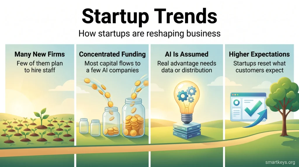 Startup trends infographic showing many new firms, funding concentrated in a few AI companies, AI as a baseline and rising customer expectations.