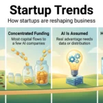 Startup Trends: How Startups Are Reshaping Business Startup trends infographic showing many new firms, funding concentrated in a few AI companies, AI as a baseline and rising customer expectations.