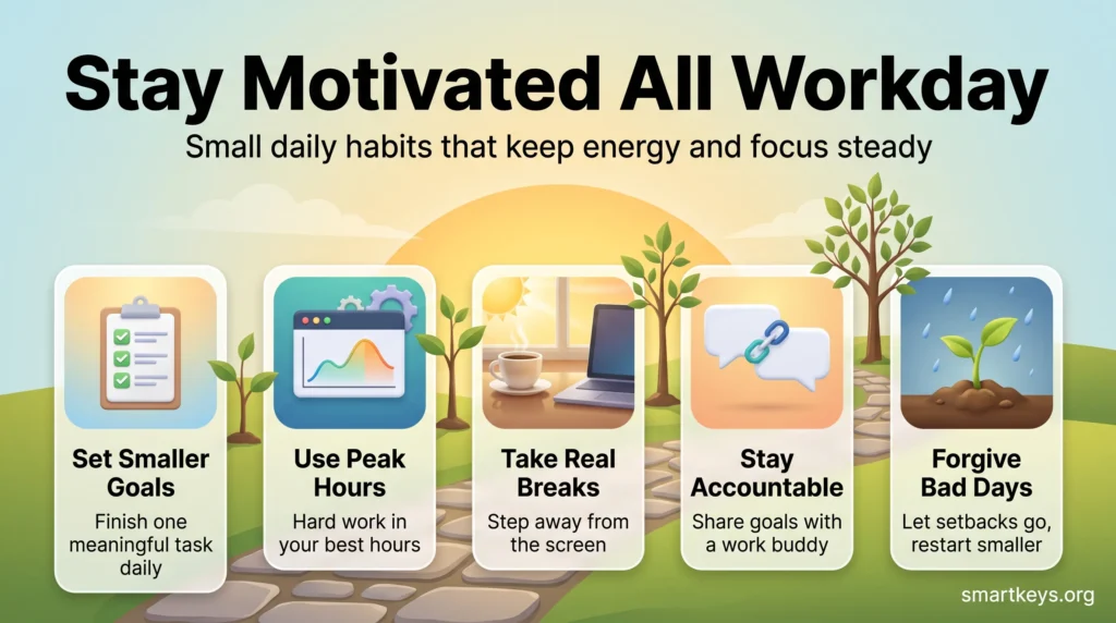 Infographic on how to stay motivated at work all day: set smaller goals, use peak hours, take real breaks, stay accountable and forgive bad days.