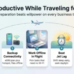 How to Stay Productive While Traveling for Work Infographic with five travel productivity tips along a flight path: set trip goals, backup connectivity, offline flight work, beating jet lag and fixed work hours.