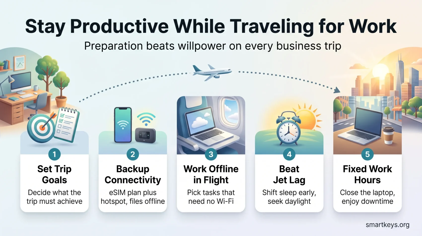 Infographic with five travel productivity tips along a flight path: set trip goals, backup connectivity, offline flight work, beating jet lag and fixed work hours.