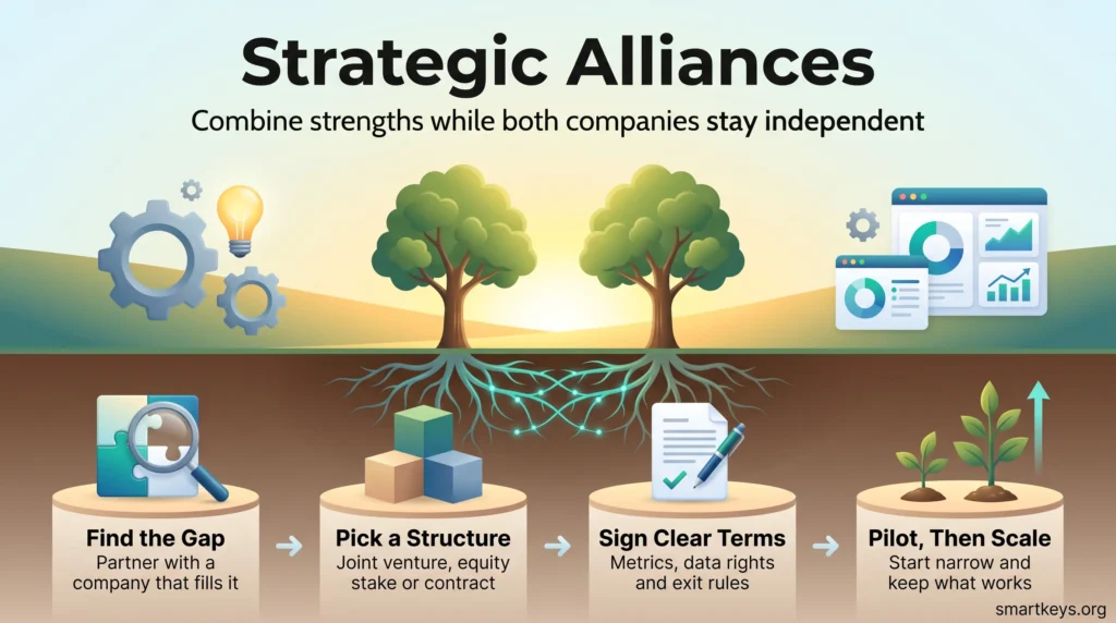 Strategic alliances infographic: two trees with intertwined roots above four steps, from finding the gap and picking a structure to clear terms and a pilot.