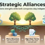 Strategic alliances infographic: two trees with intertwined roots above four steps, from finding the gap and picking a structure to clear terms and a pilot.