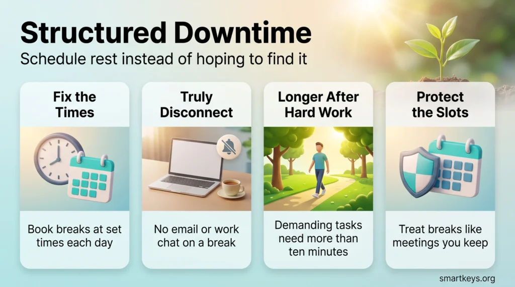 Structured downtime infographic: four cards on fixing break times, truly disconnecting, taking longer breaks after hard work and protecting break slots.