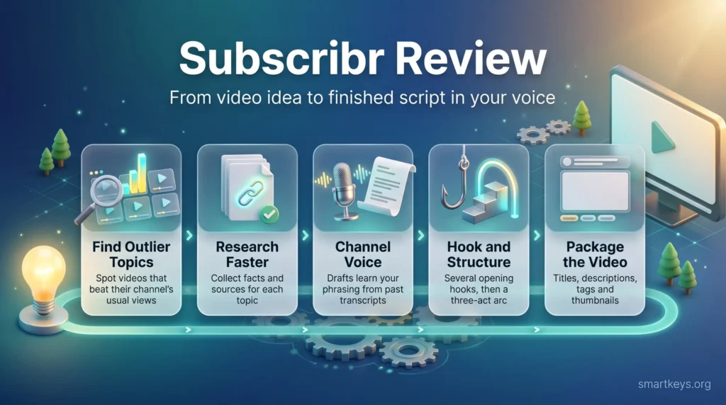 Subscribr AI YouTube scriptwriting workflow: outlier topics, research, Channel Voice, hooks, structure and packaging.