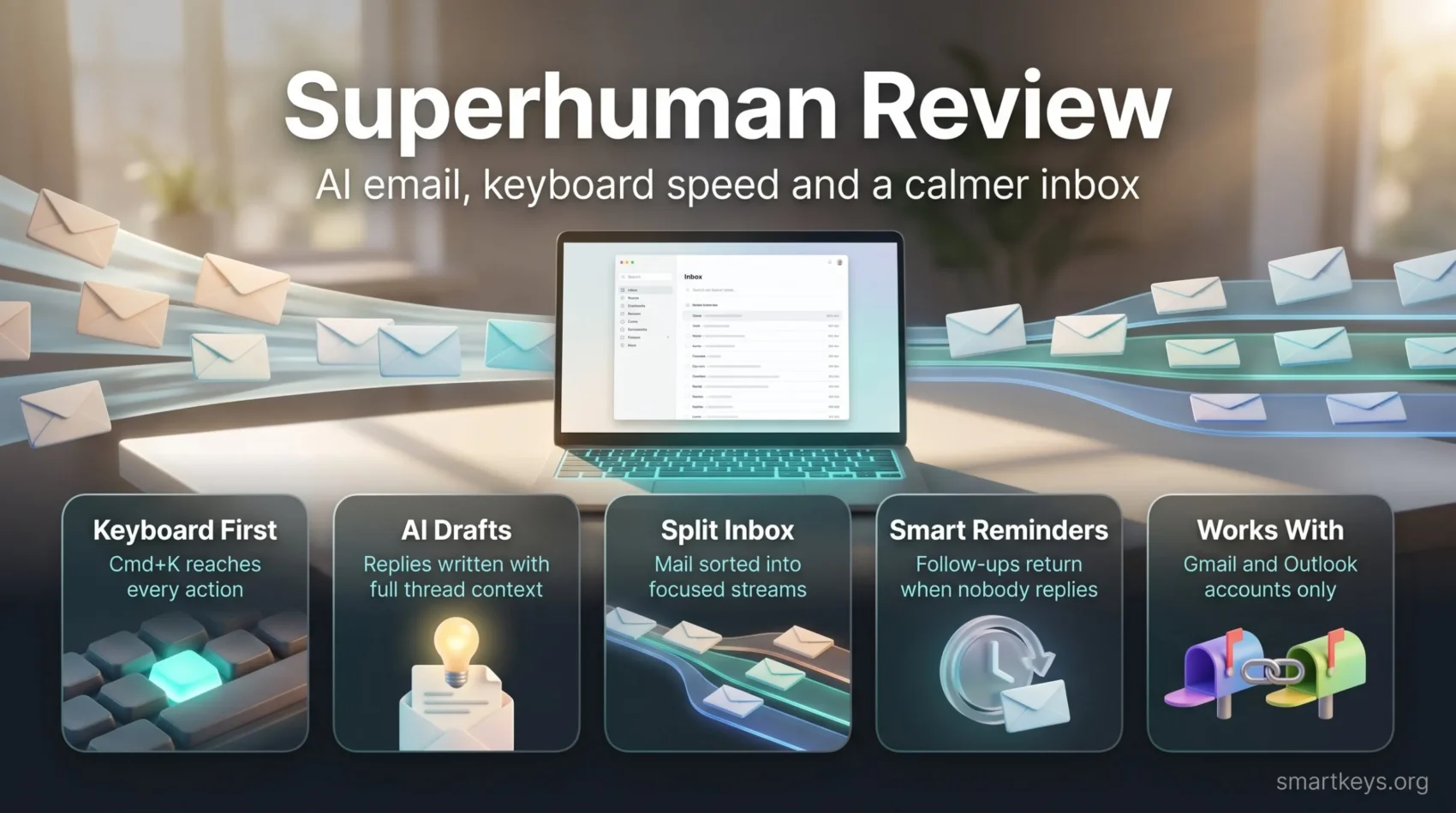 Superhuman review infographic showing keyboard shortcuts, AI drafts, Split Inbox, follow-up reminders and support for Gmail and Outlook accounts.