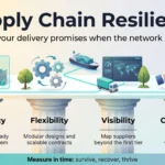 Supply chain resilience infographic: four pillars of contingency, flexibility, visibility and collaboration hold up a supply network, measured in time to survive, recover and thrive.