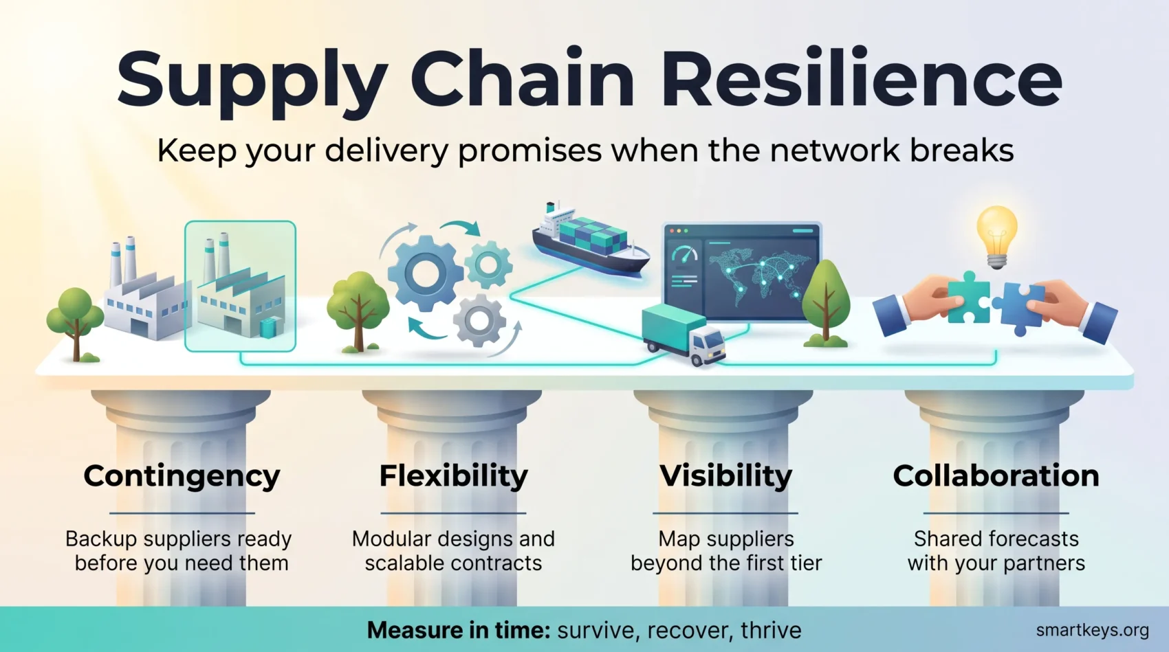 Supply chain resilience infographic: four pillars of contingency, flexibility, visibility and collaboration hold up a supply network, measured in time to survive, recover and thrive.