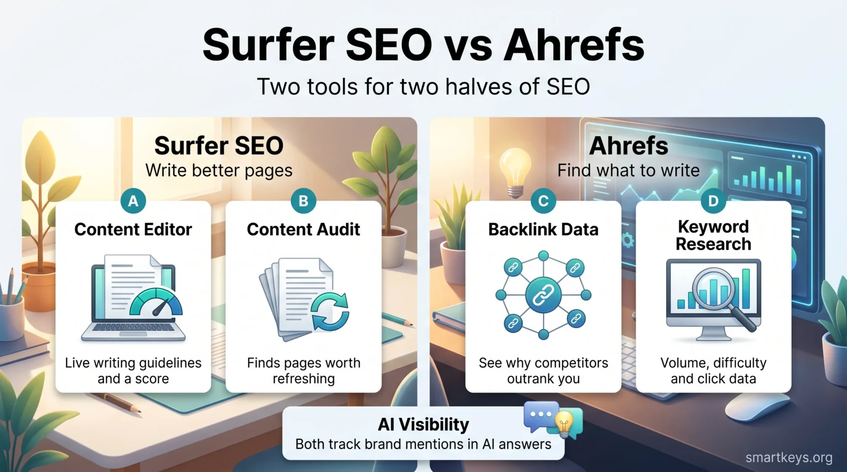 Infographic comparing Surfer SEO vs Ahrefs: Surfer for content editing and audits, Ahrefs for backlink data and keyword research, both tracking AI visibility.