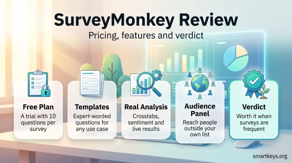 SurveyMonkey review infographic covering the limited free plan, expert templates, real analysis tools, the Audience panel and the verdict for frequent surveys.