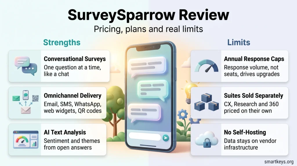 Infographic for a SurveySparrow review comparing strengths like conversational surveys and omnichannel delivery with limits like annual response caps.