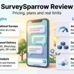 SurveySparrow Review 2026: Pricing, Plans & Real Limits Infographic for a SurveySparrow review comparing strengths like conversational surveys and omnichannel delivery with limits like annual response caps.
