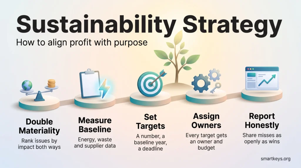 Sustainability strategy infographic showing five steps: double materiality, measure baseline, set targets, assign owners and report honestly.