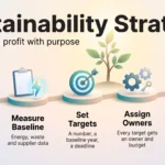 Sustainability strategy infographic showing five steps: double materiality, measure baseline, set targets, assign owners and report honestly.