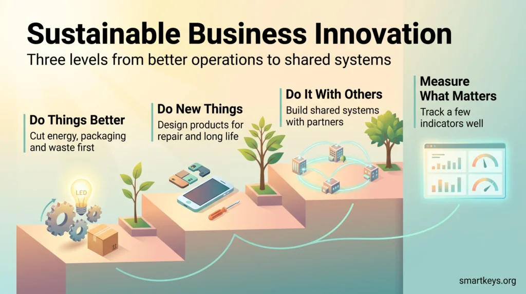 Sustainable business innovation infographic: three rising steps from better operations to repairable products and shared systems, plus measuring what matters.