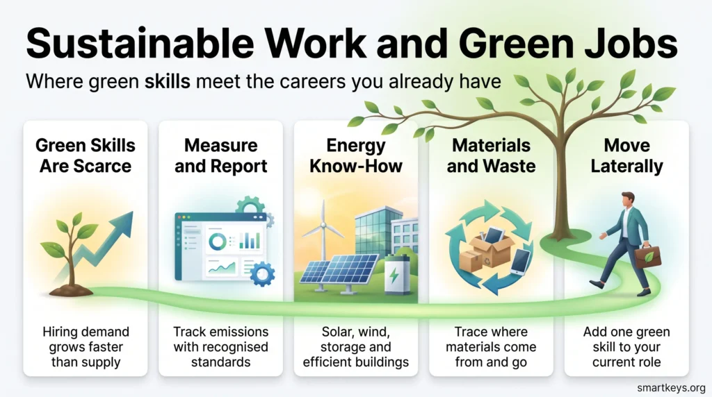 Infographic on sustainable work and green jobs: scarce green skills, emissions reporting, energy know-how, materials and waste, and moving laterally into a green role.