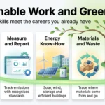 Sustainable Work and Green Jobs in 2026: Skills, Pay and Demand Infographic on sustainable work and green jobs: scarce green skills, emissions reporting, energy know-how, materials and waste, and moving laterally into a green role.