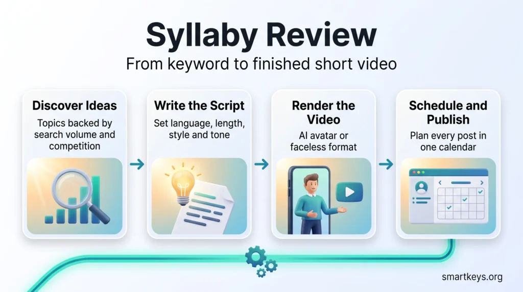 Syllaby review infographic showing the four-stage workflow from keyword research to script writing, AI avatar video rendering, and scheduled publishing.