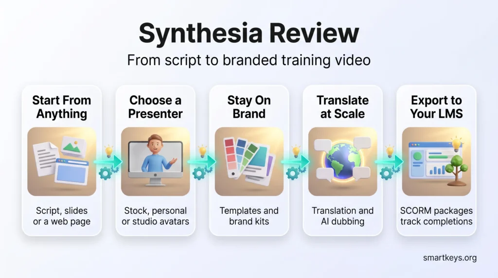 Synthesia review infographic showing the workflow from script or slides to AI avatar presenters, brand templates, translation and LMS export.