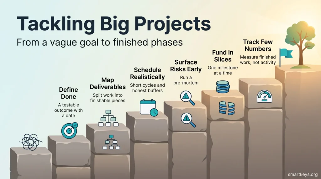 Tackling big projects infographic: a staircase of six steps from defining done and mapping deliverables to funding in slices and tracking few numbers.