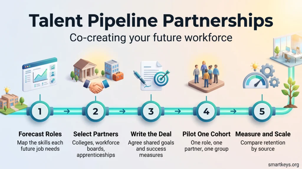 Talent pipeline partnerships infographic showing five steps along a teal pipeline: forecast roles, select partners, write the deal, pilot one cohort, measure and scale.