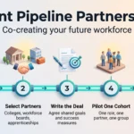 Talent Pipeline Partnerships: How Companies Are Co-Creating Their Future Workforce Talent pipeline partnerships infographic showing five steps along a teal pipeline: forecast roles, select partners, write the deal, pilot one cohort, measure and scale.