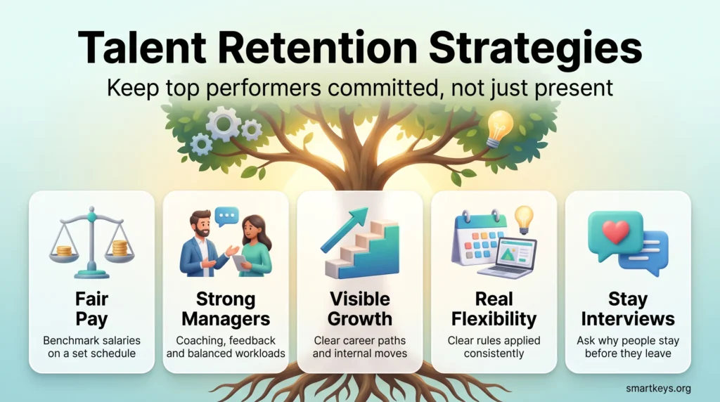 Infographic on talent retention strategies with a growing tree and five levers: fair pay, strong managers, visible growth, real flexibility and stay interviews.