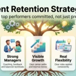Infographic on talent retention strategies with a growing tree and five levers: fair pay, strong managers, visible growth, real flexibility and stay interviews.
