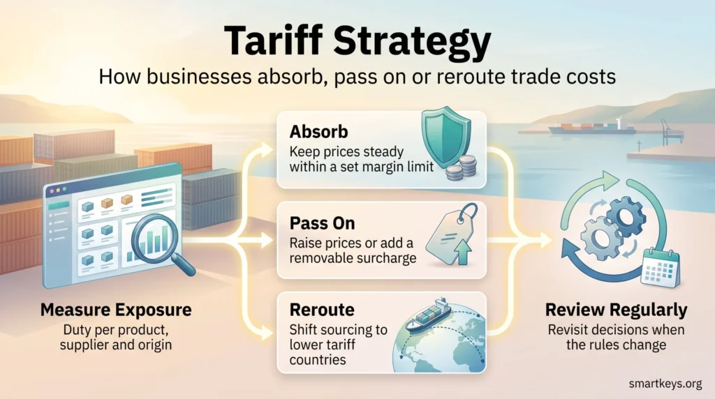 Infographic on tariff strategy: measure exposure, then absorb, pass on or reroute trade costs, and review decisions when the rules change.