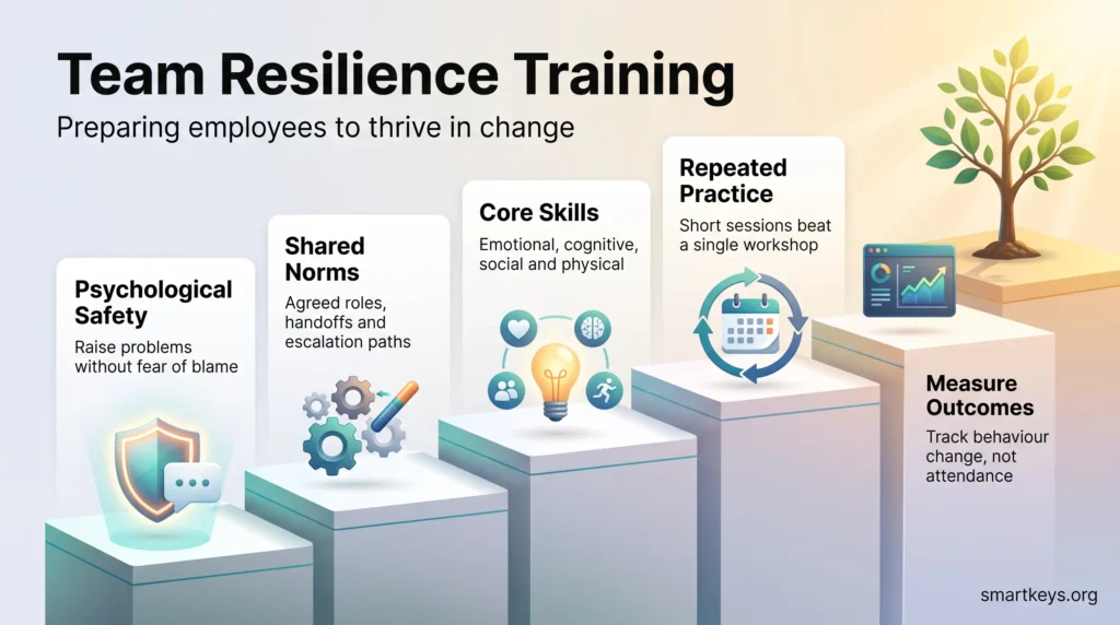 Team resilience training infographic showing five steps: psychological safety, shared norms, core skills, repeated practice and measuring outcomes.