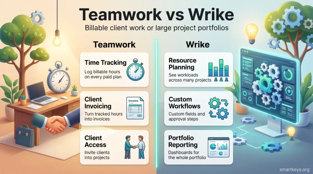 Teamwork vs Wrike infographic comparing project management software: time tracking and client invoicing versus resource planning and portfolio reporting.