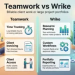 Teamwork vs Wrike infographic comparing project management software: time tracking and client invoicing versus resource planning and portfolio reporting.