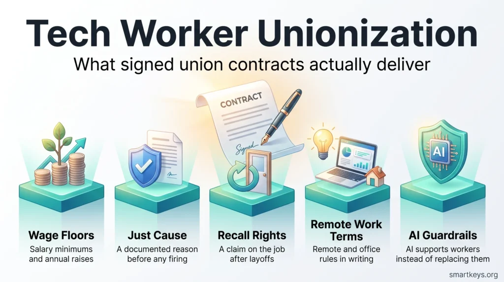 Tech worker unionization infographic showing five core union contract protections: wage floors, just cause, recall rights, remote work terms and AI guardrails.