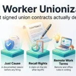 Tech worker unionization infographic showing five core union contract protections: wage floors, just cause, recall rights, remote work terms and AI guardrails.