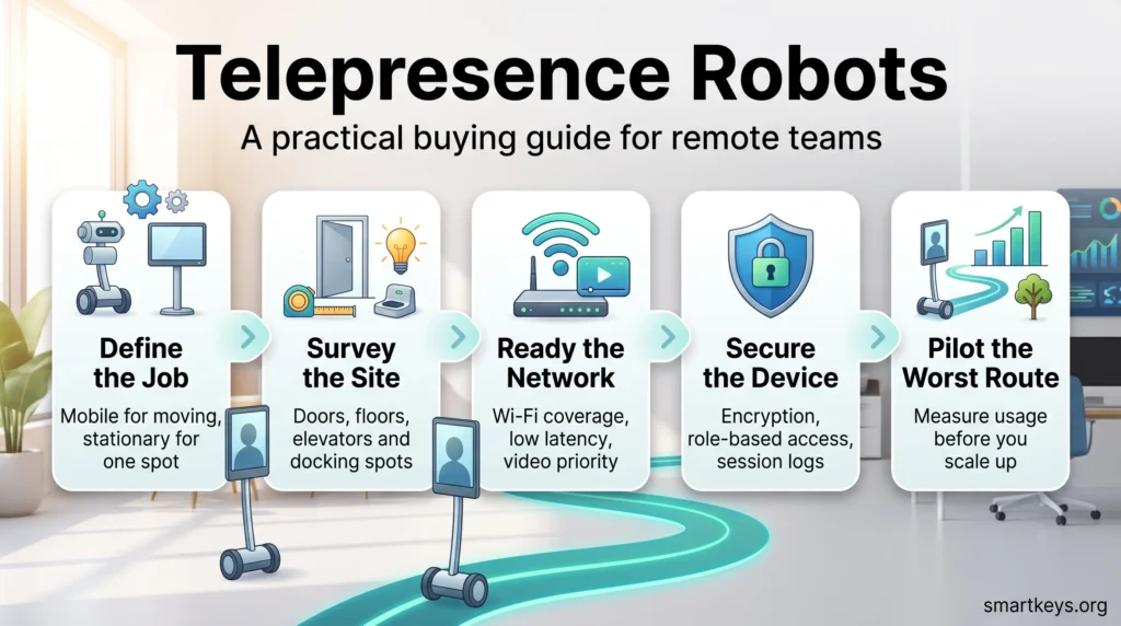 Telepresence robots infographic showing five buying steps: define the job, survey the site, ready the network, secure the device and pilot the worst route.