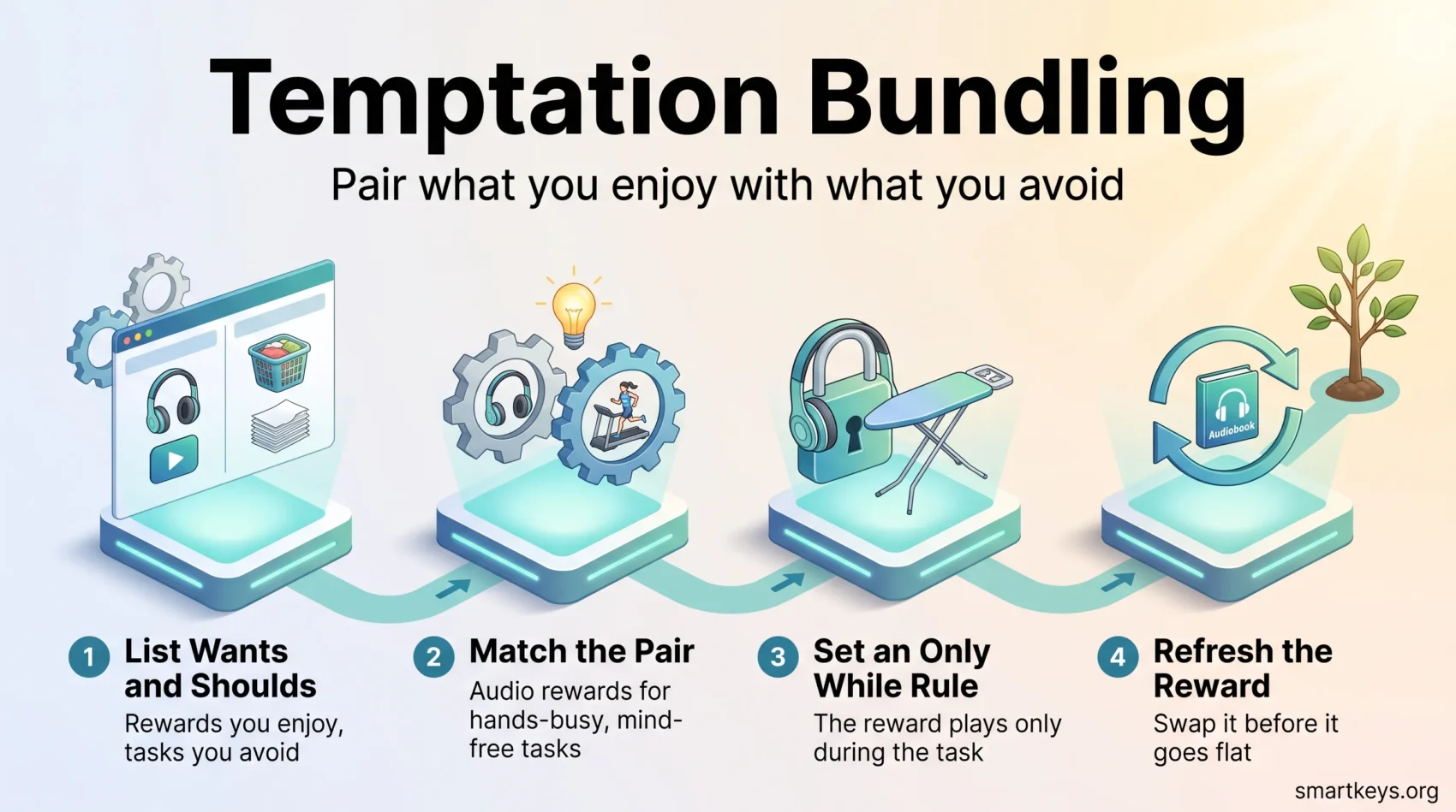 Temptation bundling infographic showing four steps: list wants and shoulds, match the pair, set an only-while rule and refresh the reward.